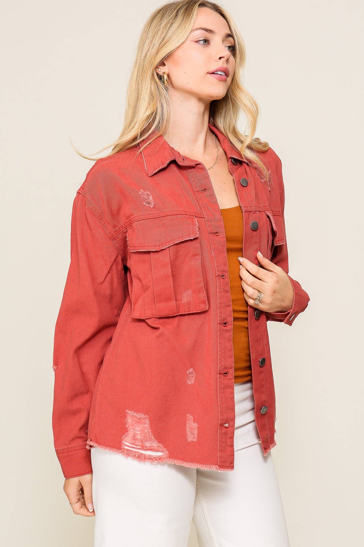 Distressed Oversized Denim Jacket: D.Mauve / L