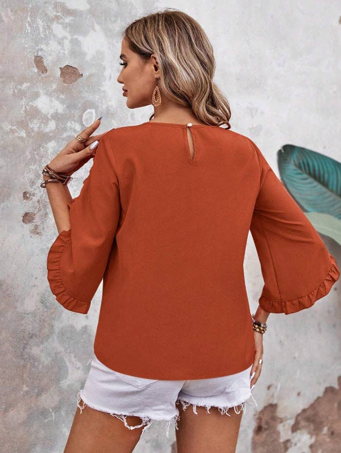 Women’s Solid Ruffle Sleeve Loose Fit Summer Blouse: Red / 95% and above polyester (polyester fiber) / M