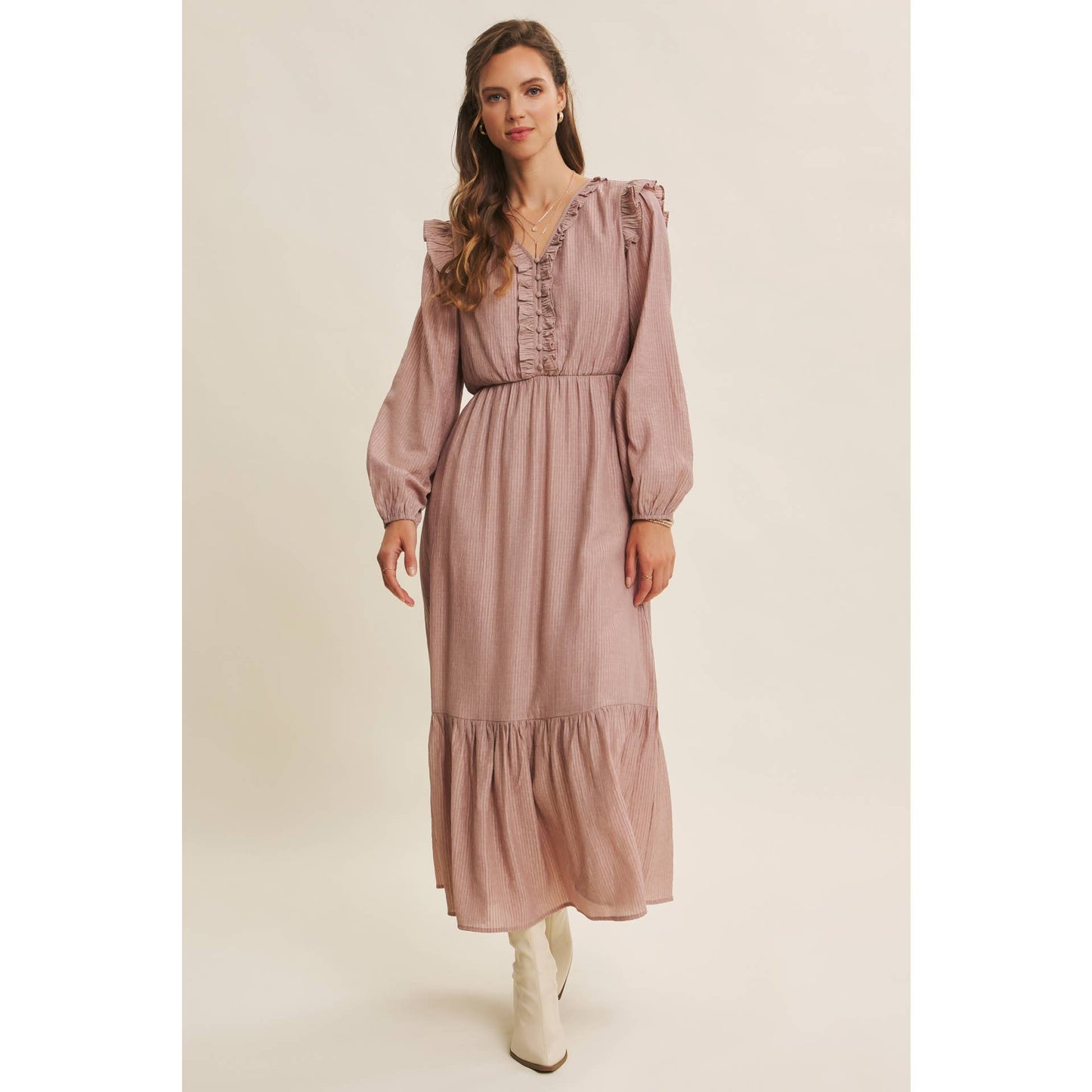 ROMANTIC TWIST OF TEXTURED BUTTON-DOWN MAXI DRESS: SILVER PINE / L