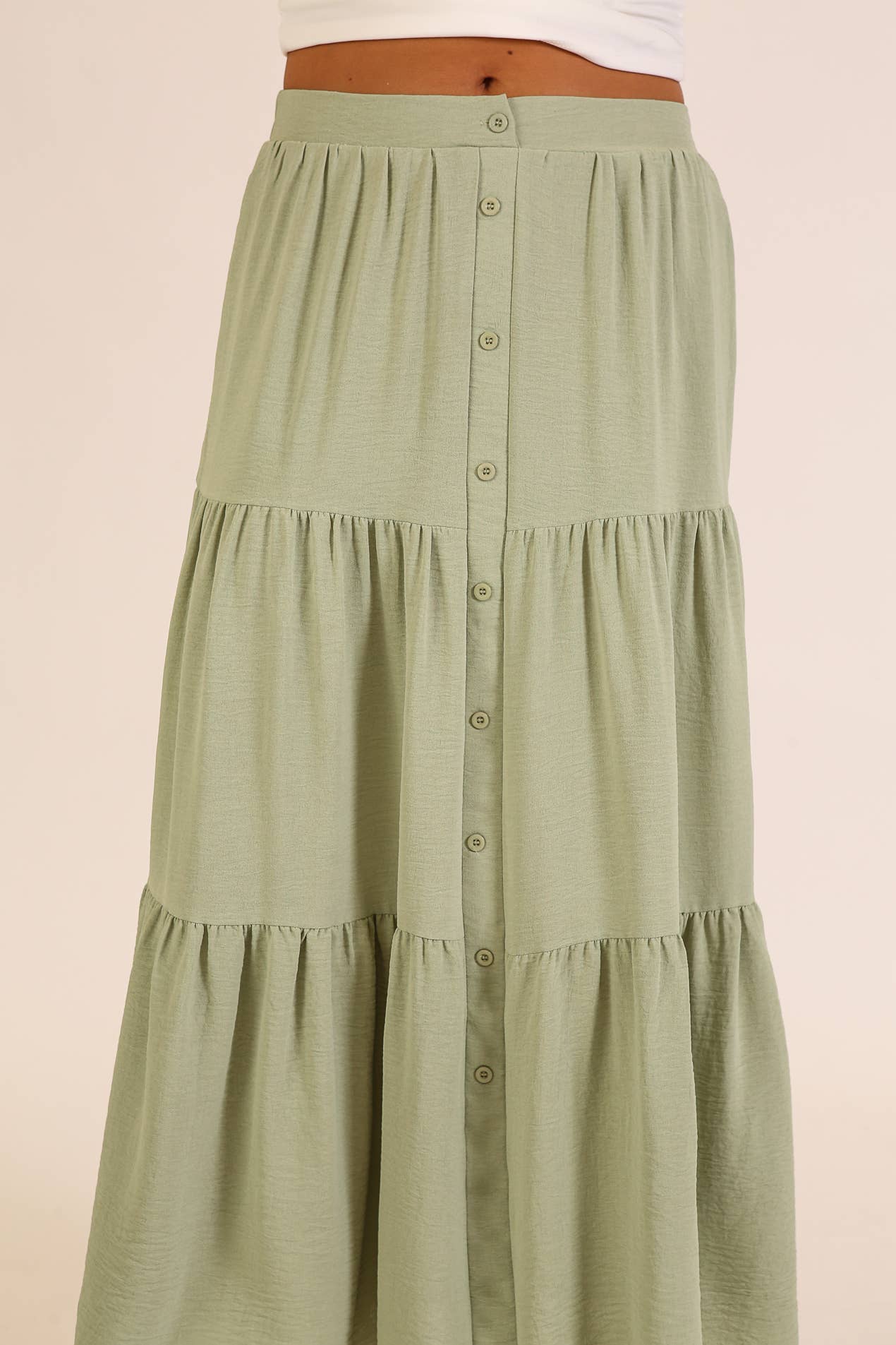 Button Front Tiered Maxi Skirt: Khaki / S