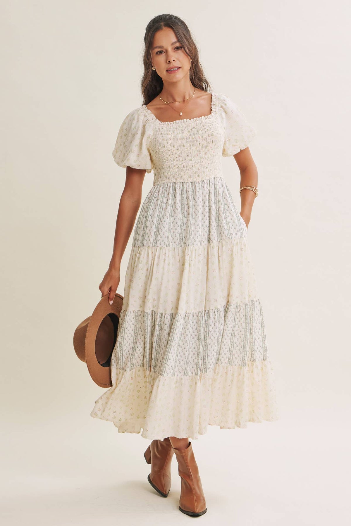 DAYDREAM PATCHWORK FLORAL SMOCKED TIERED MIDI DRESS: NATURAL/TAUPE / S