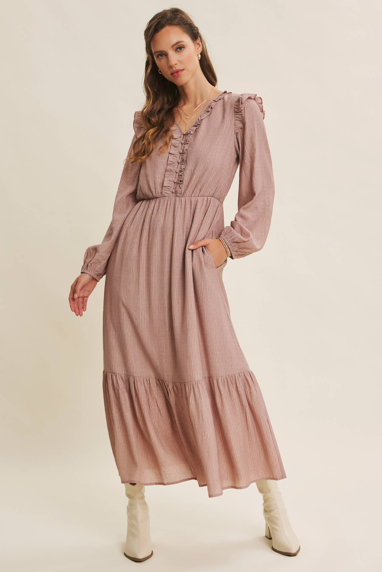 ROMANTIC TWIST OF TEXTURED BUTTON-DOWN MAXI DRESS: SILVER PINE / L