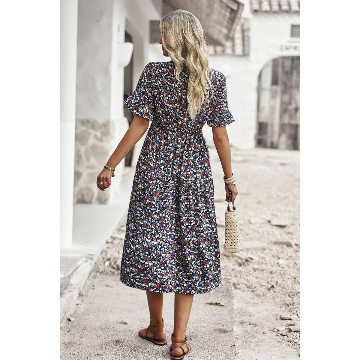 Boho Floral Ruffle Hem V Neck Short Sleeve Dress: BEIGE