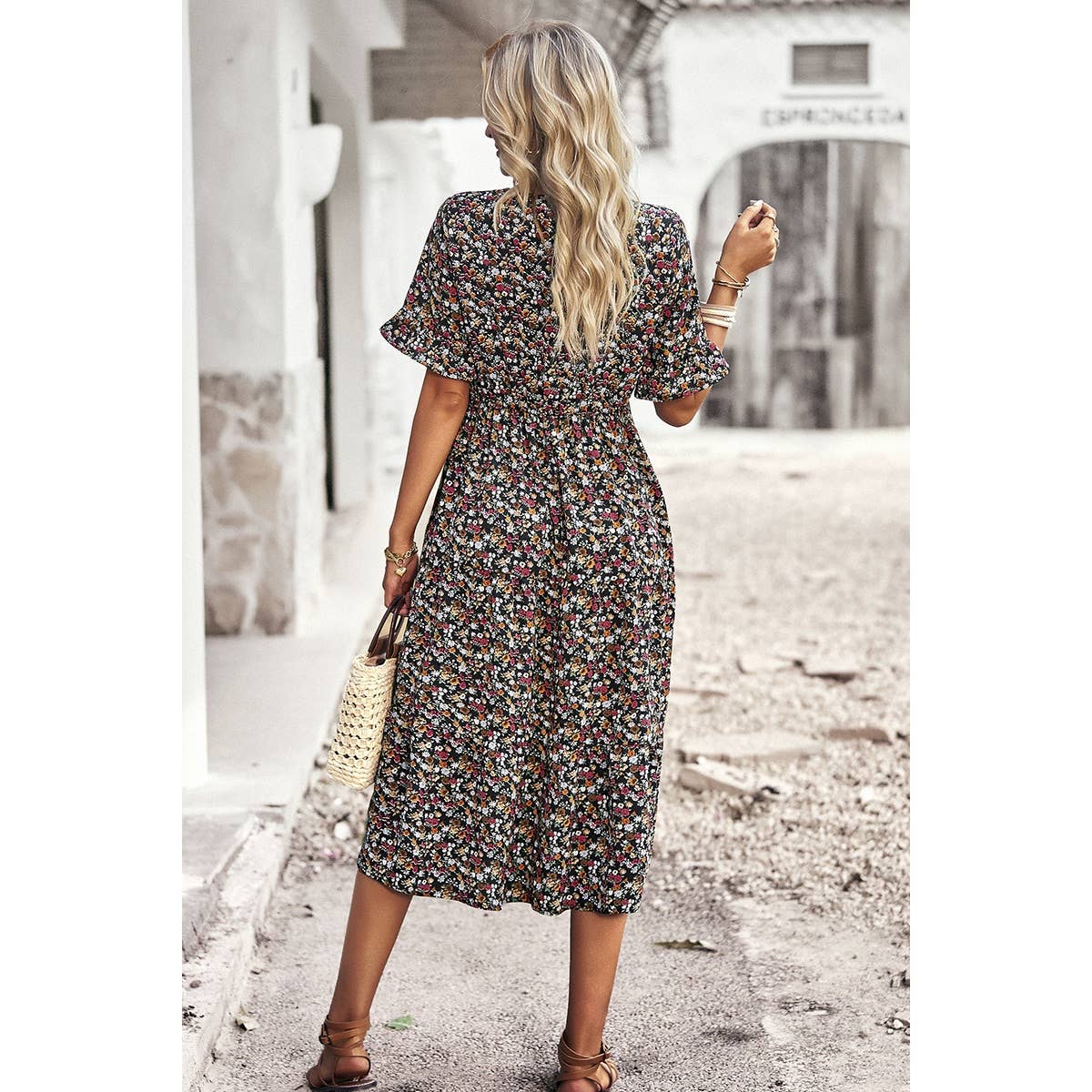 Boho Floral Ruffle Hem V Neck Short Sleeve Dress: BEIGE