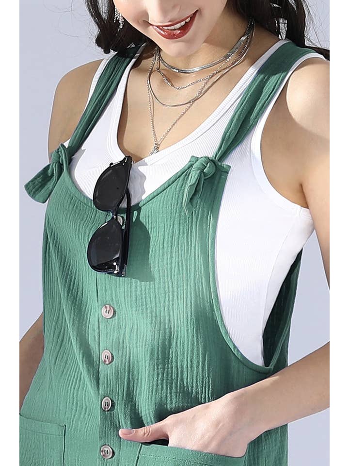 SHOLUDER BOW TIE SHORT JUMPSUIT ROMPER: SAGEGREEN