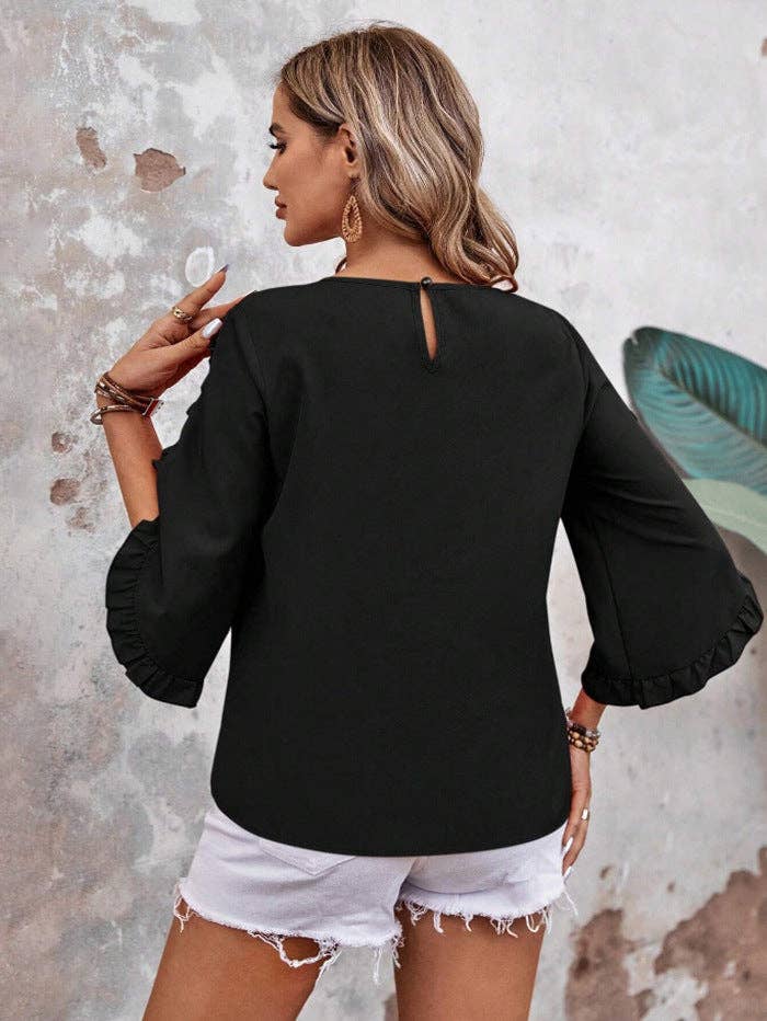 Women’s Solid Ruffle Sleeve Loose Fit Summer Blouse: Red / 95% and above polyester (polyester fiber) / 2XL