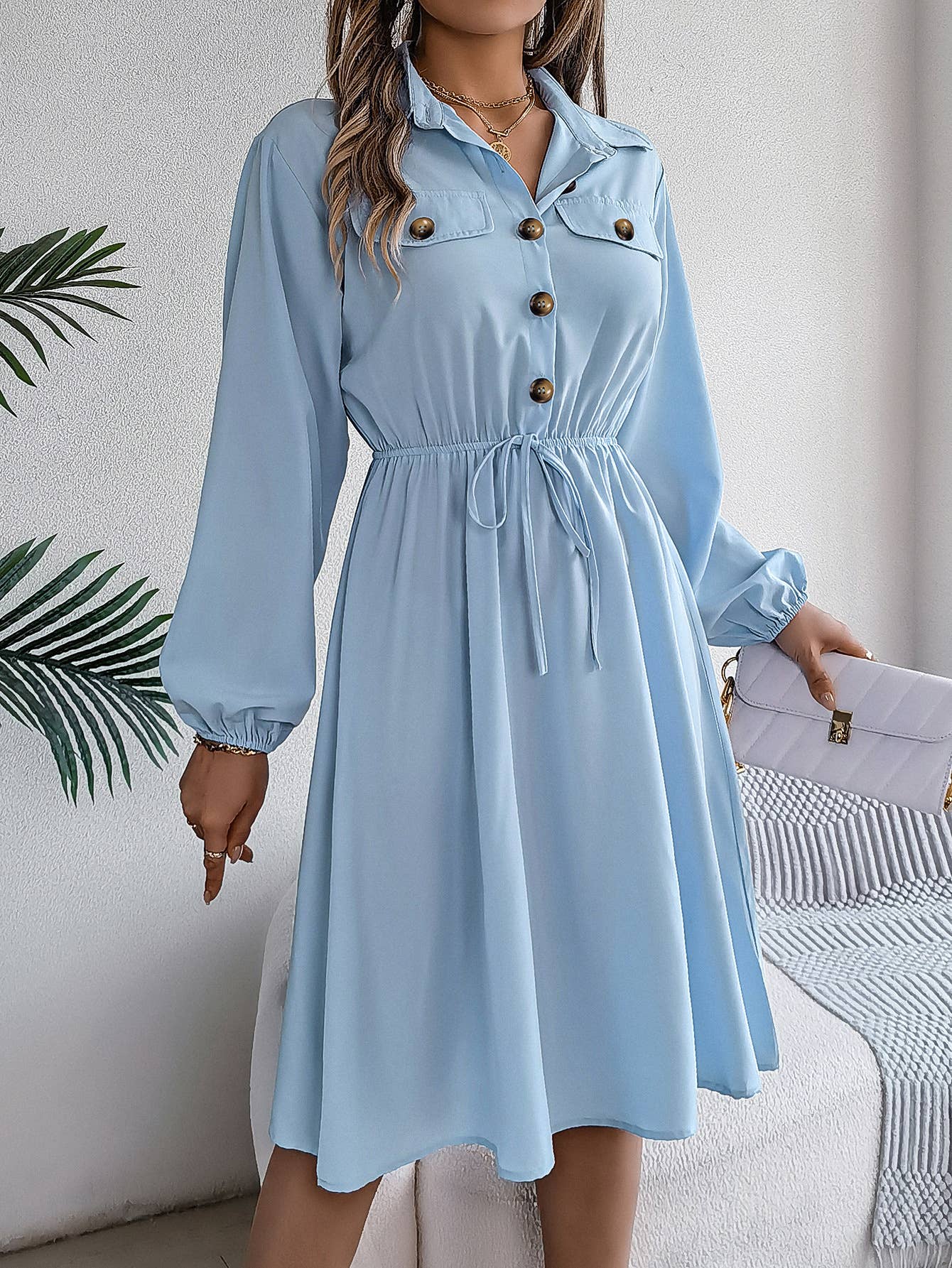 CASUAL BUTTON-UP WAIST LONG SLEEVE SHIRT DRESS: WINE / (S) 1