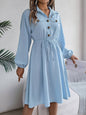 CASUAL BUTTON-UP WAIST LONG SLEEVE SHIRT DRESS: LIGHTBLUE / (XL) 1