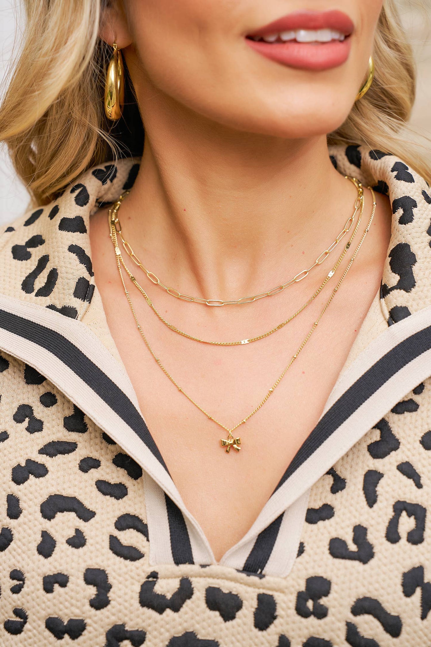 Plated Trendy Paperclip Chain Bow Pendant 3pcs Necklace Set: Gold / ONE SIZE