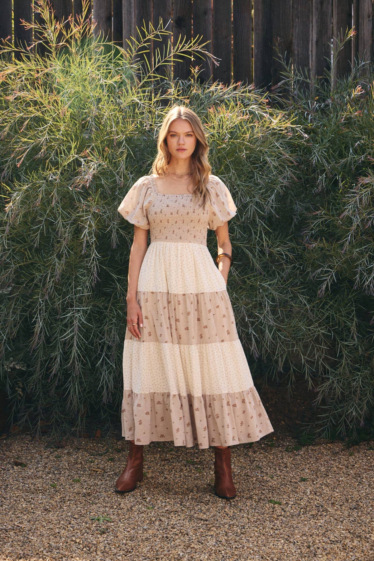 DAYDREAM PATCHWORK FLORAL SMOCKED TIERED MIDI DRESS: NATURAL/TAUPE / S