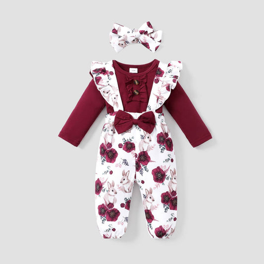 Baby Girl 3pcs Sweet Solid Romper and Floral Print Ruffled: Burgundy / 6-9 Months