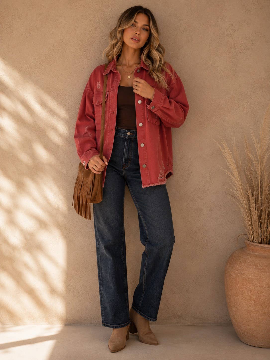 Distressed Oversized Denim Jacket: D.Mauve / L