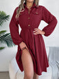 CASUAL BUTTON-UP WAIST LONG SLEEVE SHIRT DRESS: WINE / (S) 1