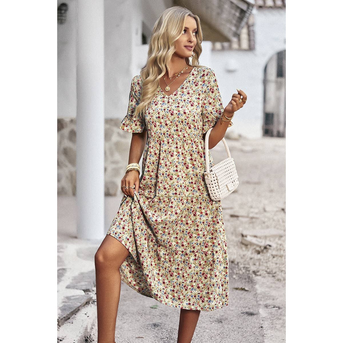 Boho Floral Ruffle Hem V Neck Short Sleeve Dress: BEIGE