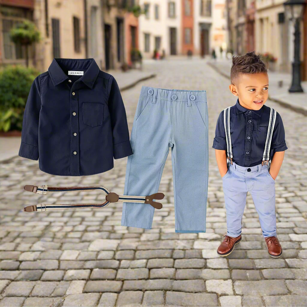 Blue Little Boy Button Down Shirt, Suspender Straps & Pants: