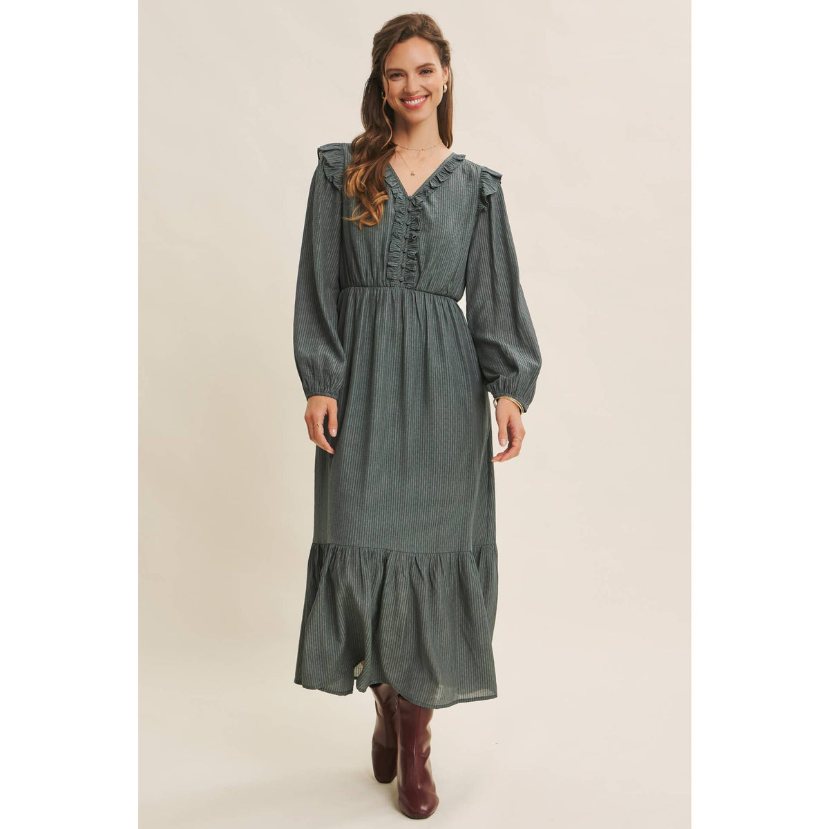 ROMANTIC TWIST OF TEXTURED BUTTON-DOWN MAXI DRESS: SILVER PINE / S