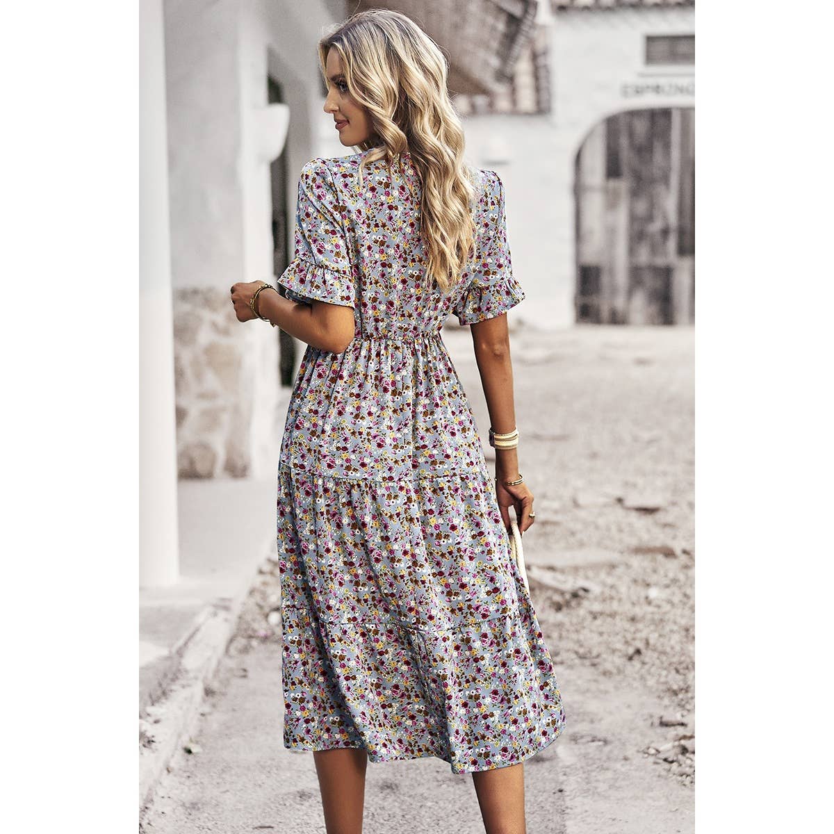 Boho Floral Ruffle Hem V Neck Short Sleeve Dress: BEIGE