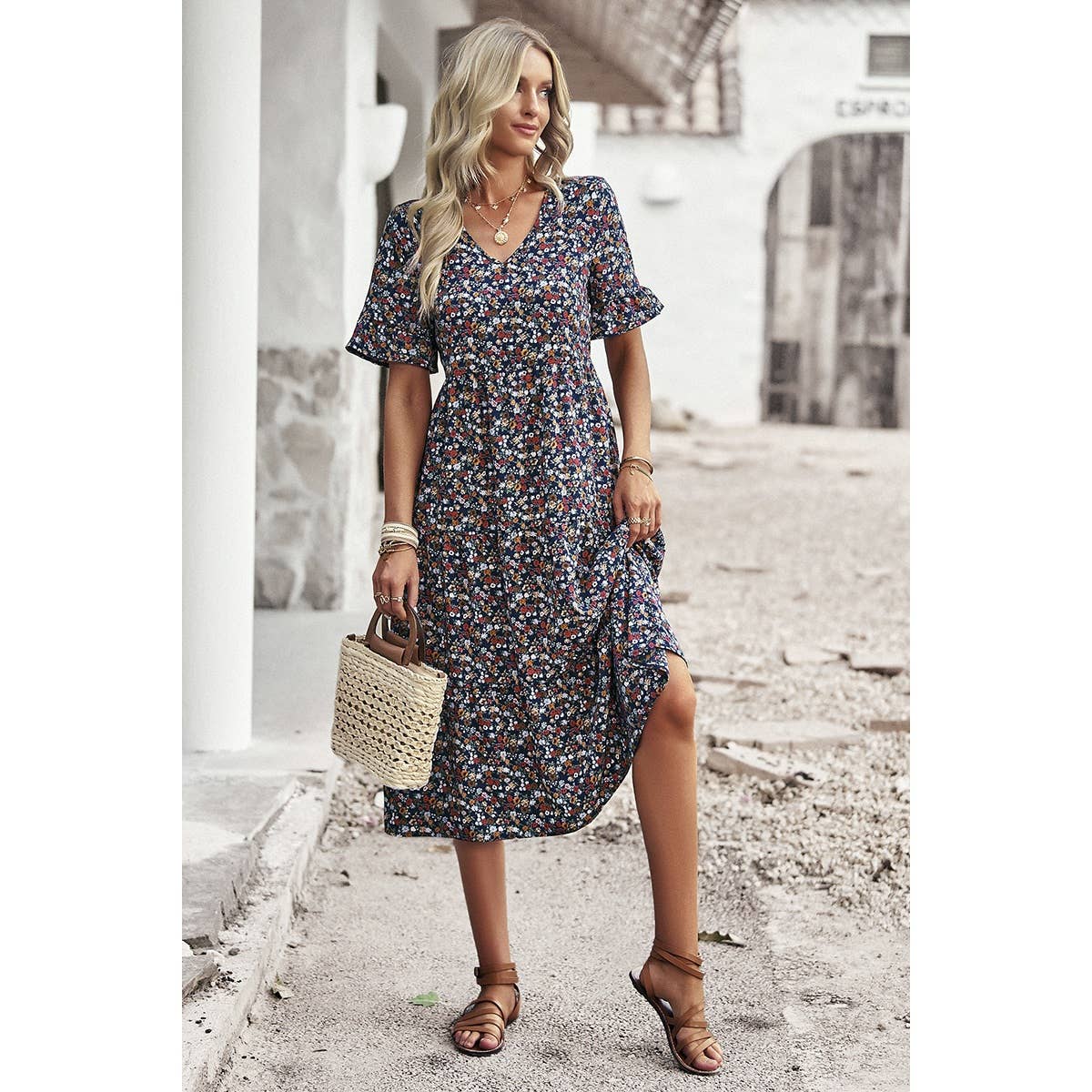 Boho Floral Ruffle Hem V Neck Short Sleeve Dress: BEIGE