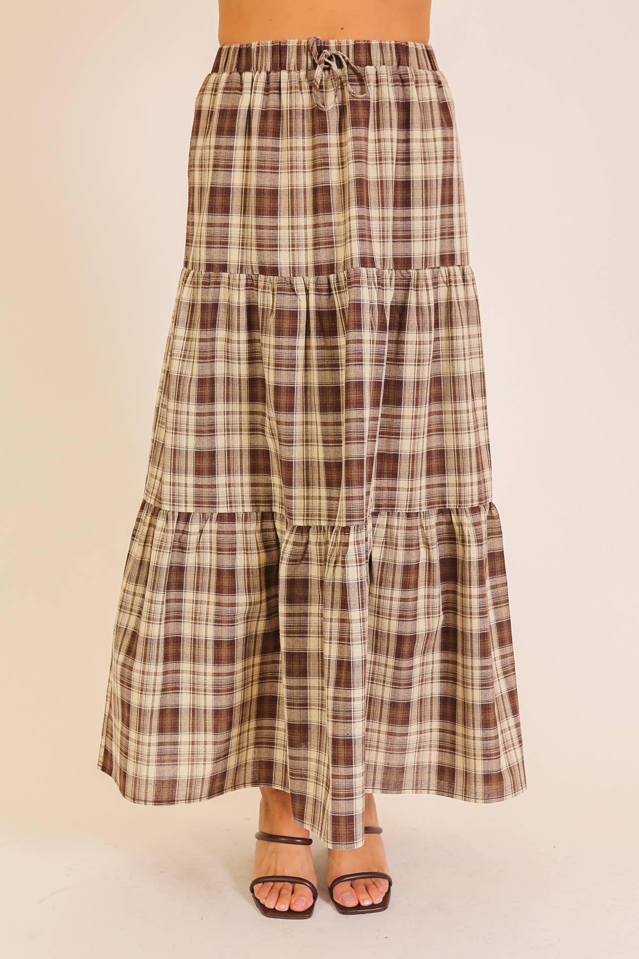 Plaid Tiered Maxi Skirt: Brown multi / S