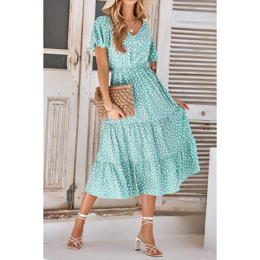 V Neck Ruffles Tiered Sleeve Smocked Midi Dress: LIGHT GREEN