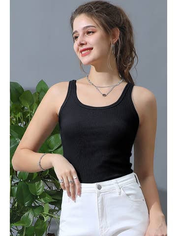 SOLID RIB KNIT BASIC CAMI TANK TOP: DENIM / (L) 1
