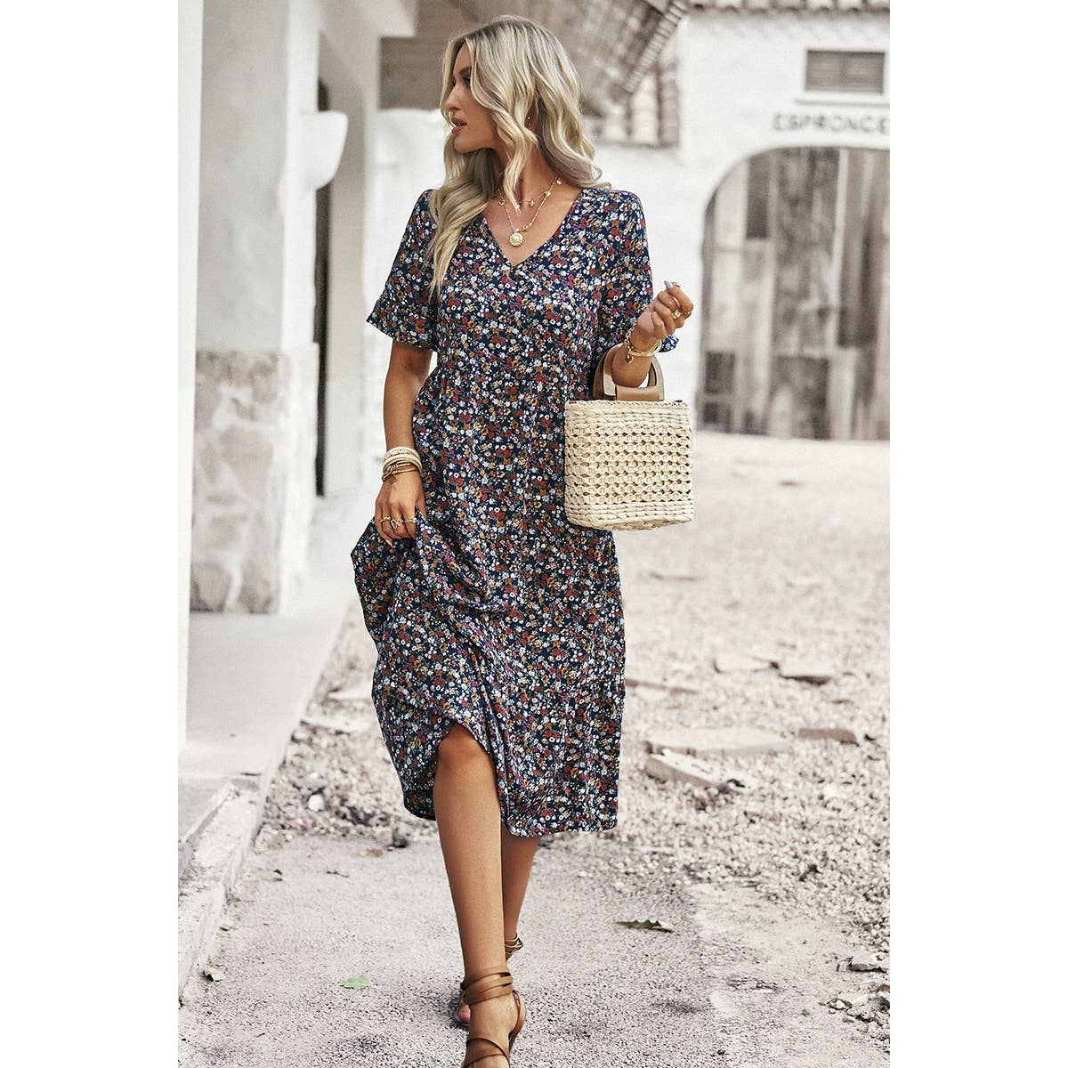 Boho Floral Ruffle Hem V Neck Short Sleeve Dress: BEIGE