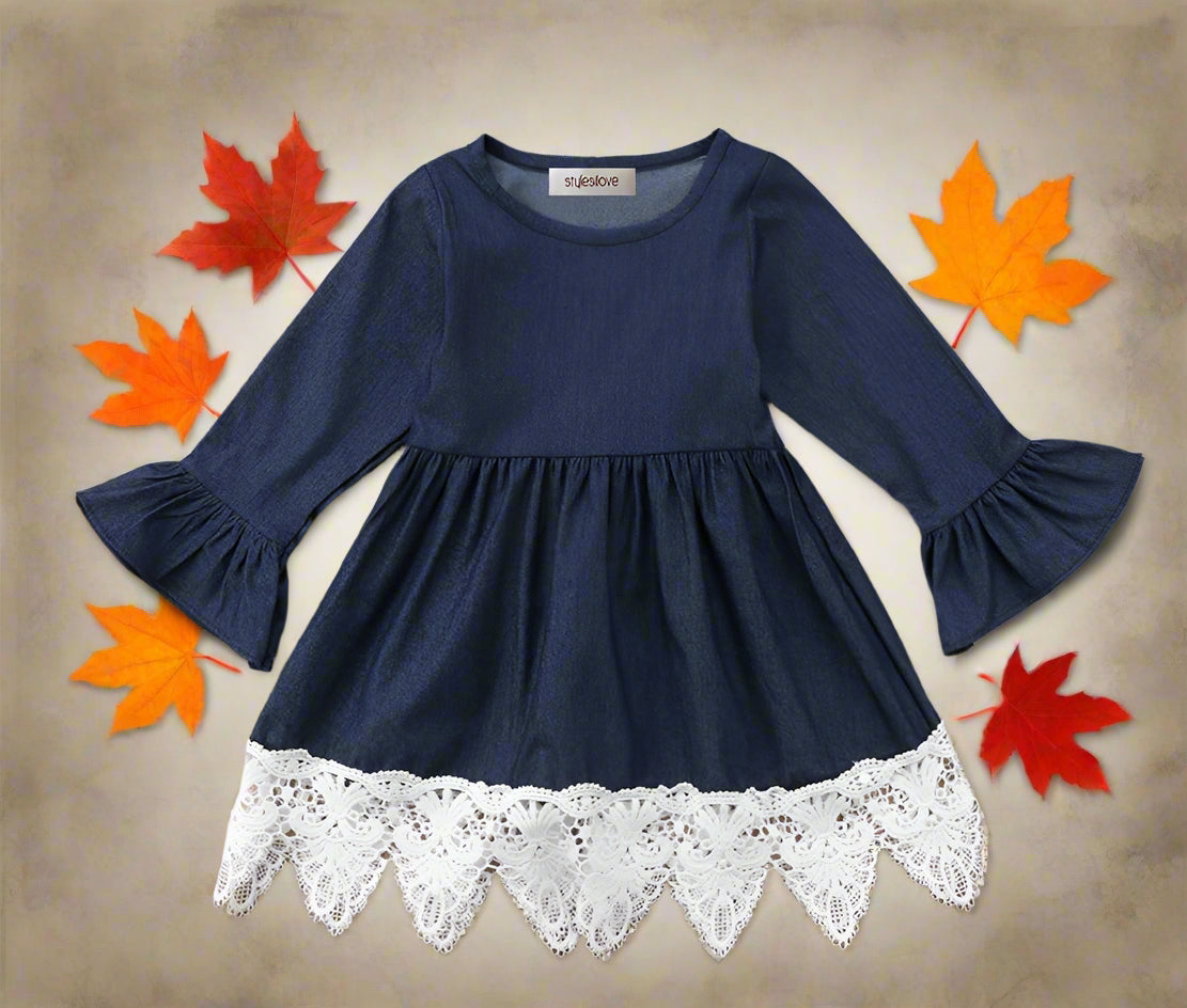 Denim Bell Sleeve Lace Trim Girl Dress :