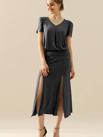 SOLID V NECK SHORT TULIP SLEEVE TUNIC TOPS: