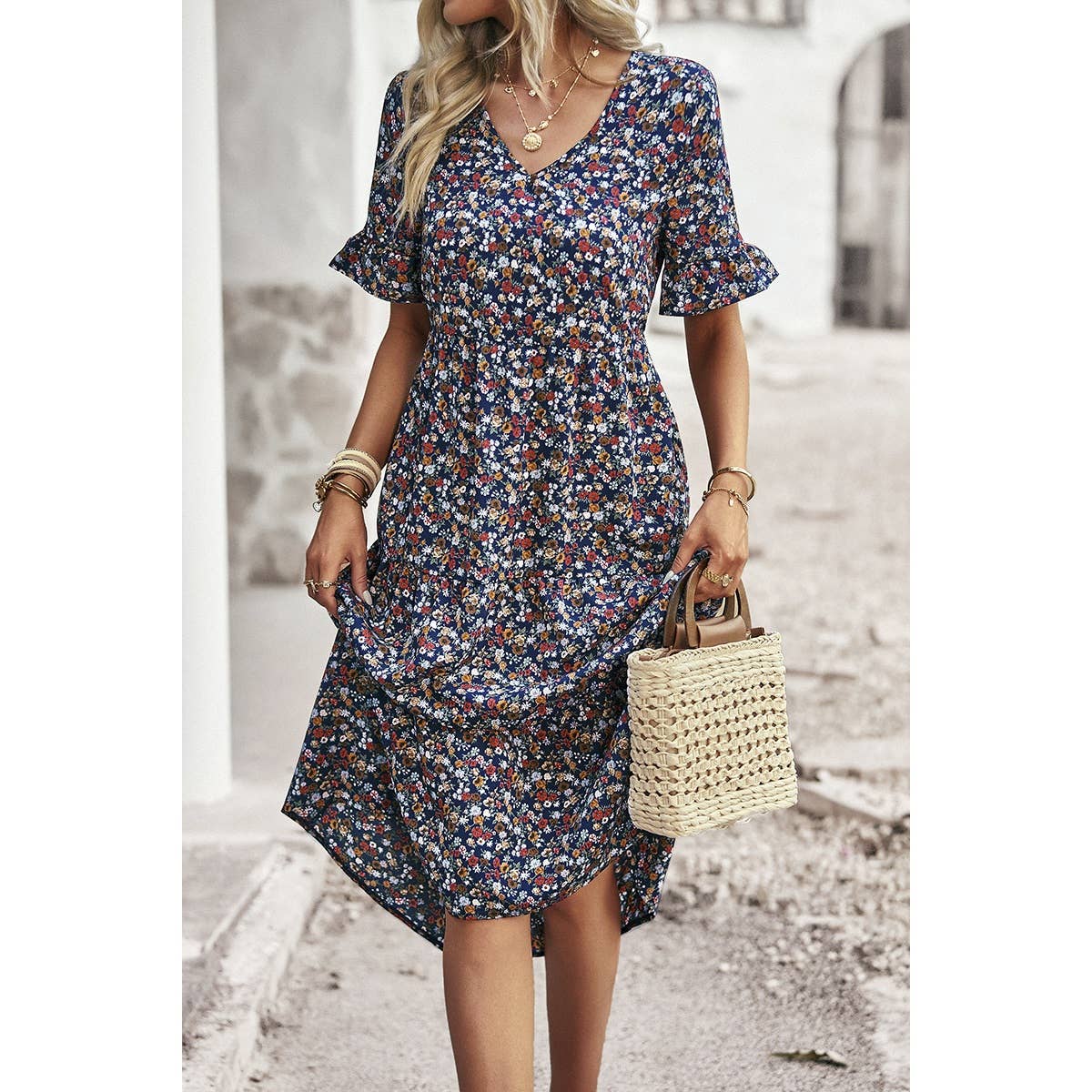 Boho Floral Ruffle Hem V Neck Short Sleeve Dress: BEIGE