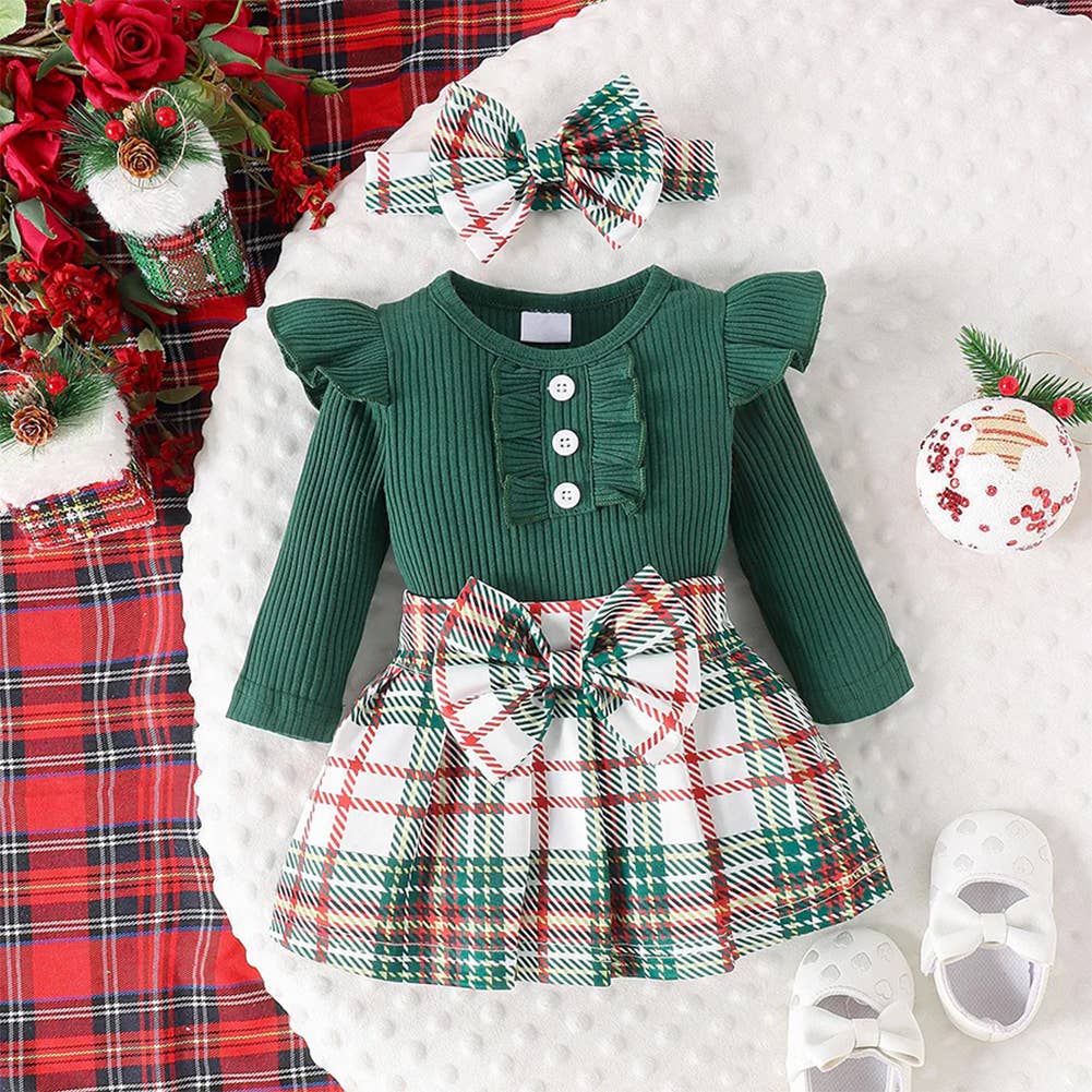 Plaid Ruffled Baby Dress & Headband: Green