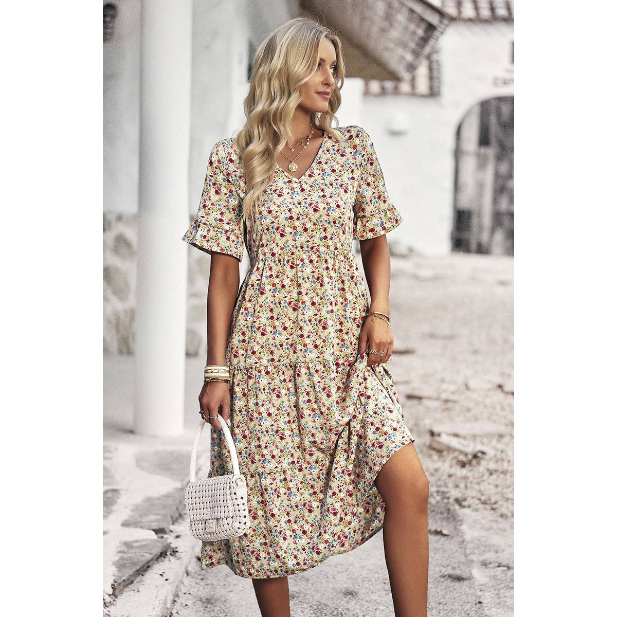 Boho Floral Ruffle Hem V Neck Short Sleeve Dress: BEIGE