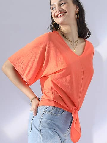 V NECK TIE UP SHORT SLEEVE CASUAL COOL TOP: Orange