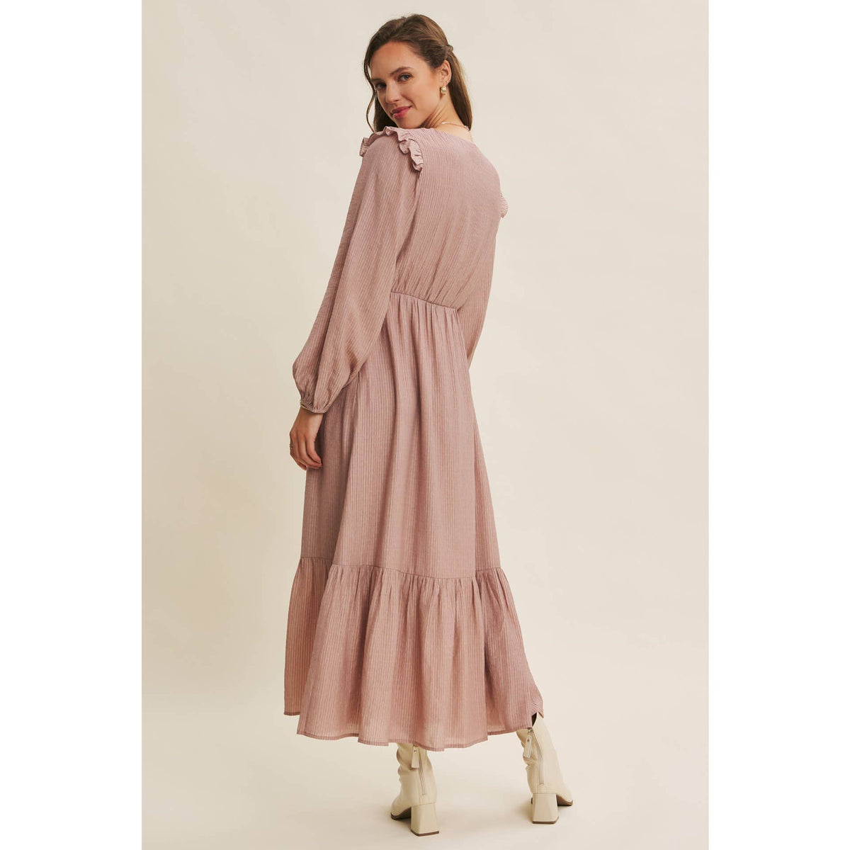 ROMANTIC TWIST OF TEXTURED BUTTON-DOWN MAXI DRESS: SILVER PINE / S