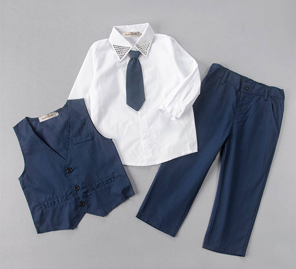 Navy White Studded 4pcs Boy Formal Suit Outfit: