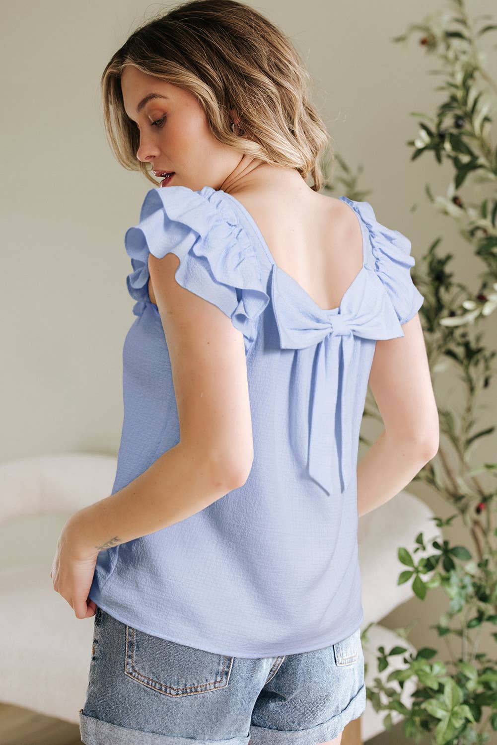 Textured Bow Knot Frilled Butterfly Sleeve Blouse | 3 Colors: Beau Blue