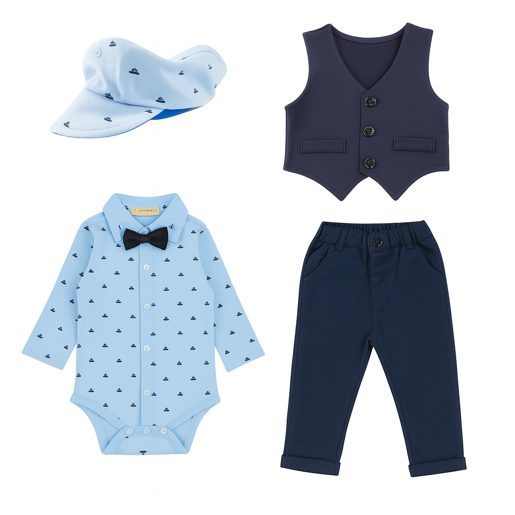 Baby Boy Blue Tuxedo 4pcs Formal Wear Outfit: