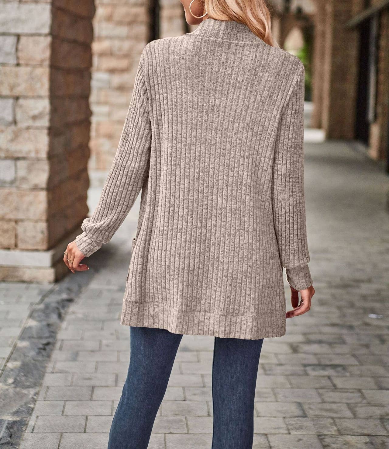 Long Front Open Long Sleeve Sweater Jacket with Pockets