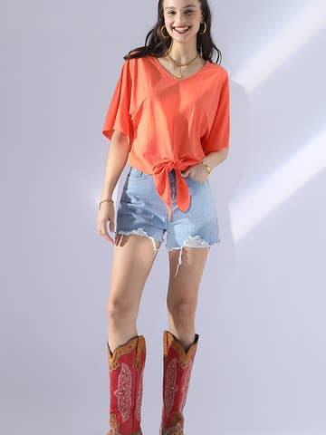 V NECK TIE UP SHORT SLEEVE CASUAL COOL TOP: Orange