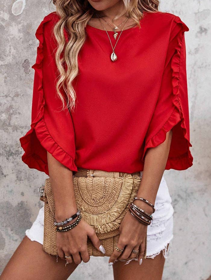 Women’s Solid Ruffle Sleeve Loose Fit Summer Blouse: Red / 95% and above polyester (polyester fiber) / 2XL
