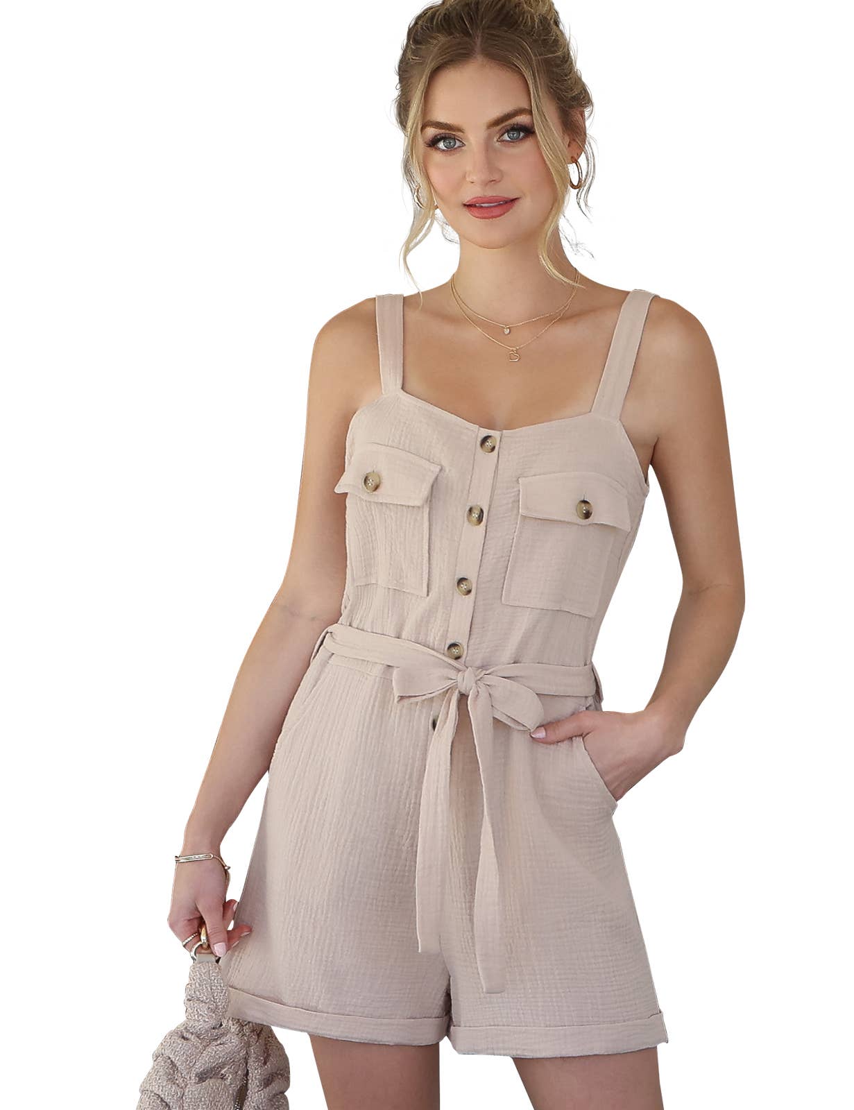 BUTTON DOWN POCKET DETAILED ROMPER WITH STRAP