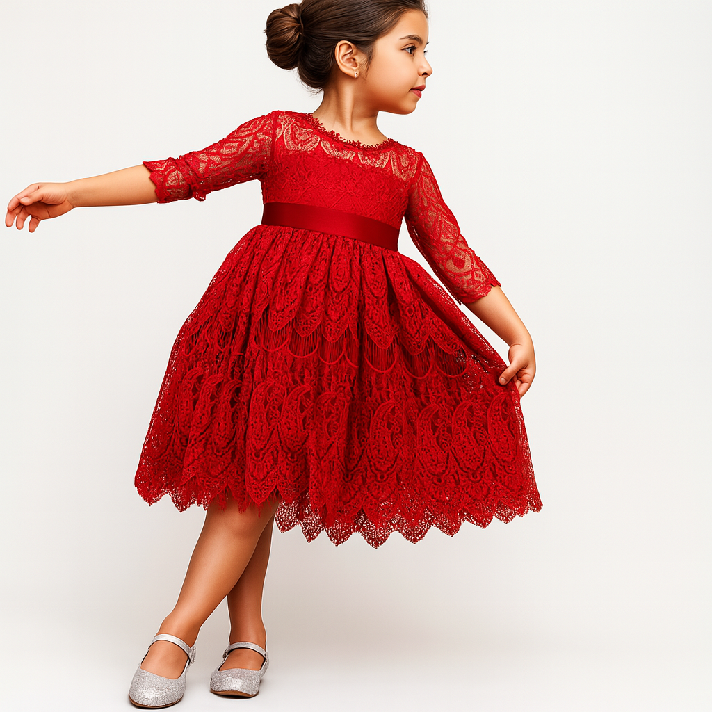 Red Vintage Lace 3/4 Sleeve A-Line Girl Dress :