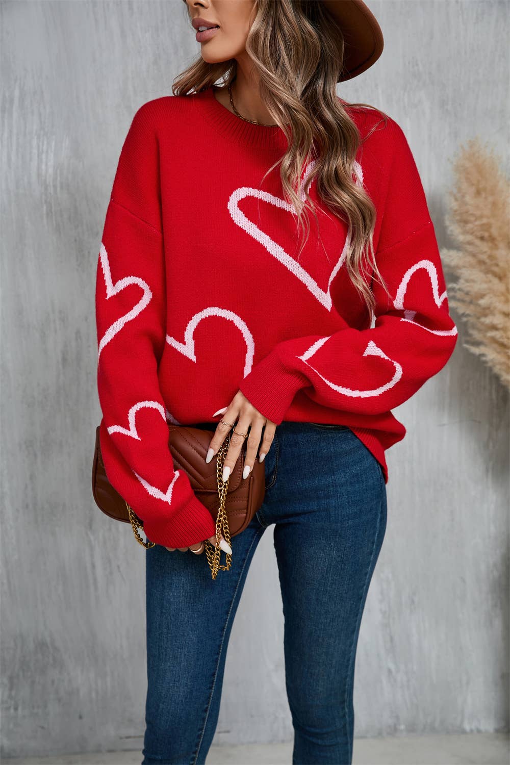 Valentine's Day color contrast heart pullover sweater: RED / (M) 1
