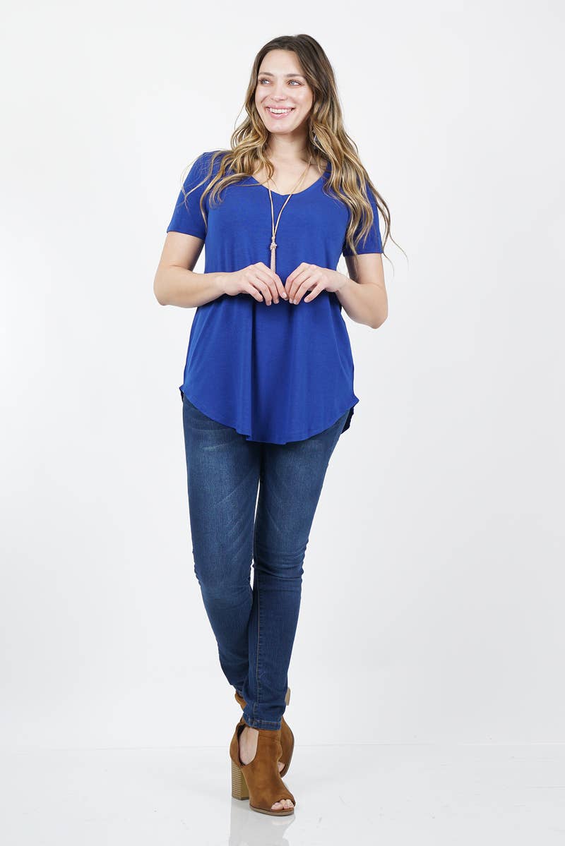 ',...[PLUS SIZE] SHORT SLEEVE V-NECK ROUND HEM TOP: MOCHA-55707 / 3X