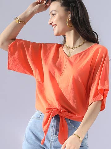 V NECK TIE UP SHORT SLEEVE CASUAL COOL TOP: Orange