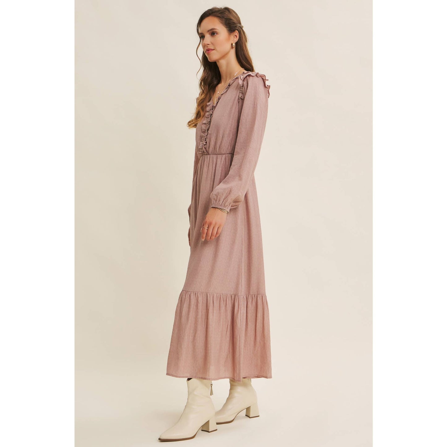 ROMANTIC TWIST OF TEXTURED BUTTON-DOWN MAXI DRESS: SILVER PINE / L