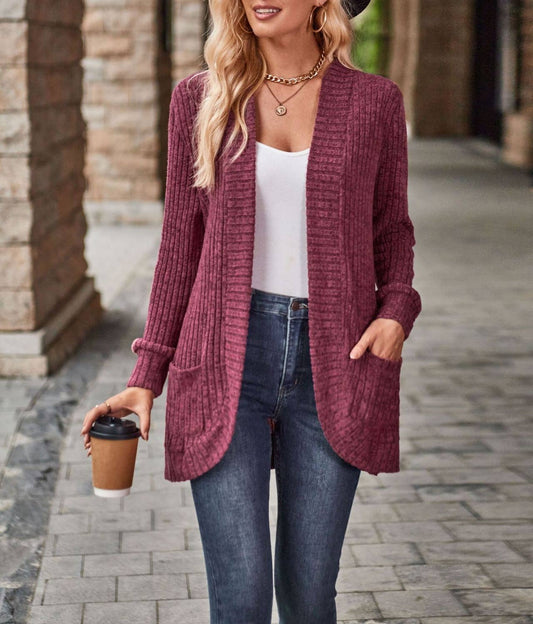 Long Front Open Long Sleeve Sweater Jacket with Pockets: Red