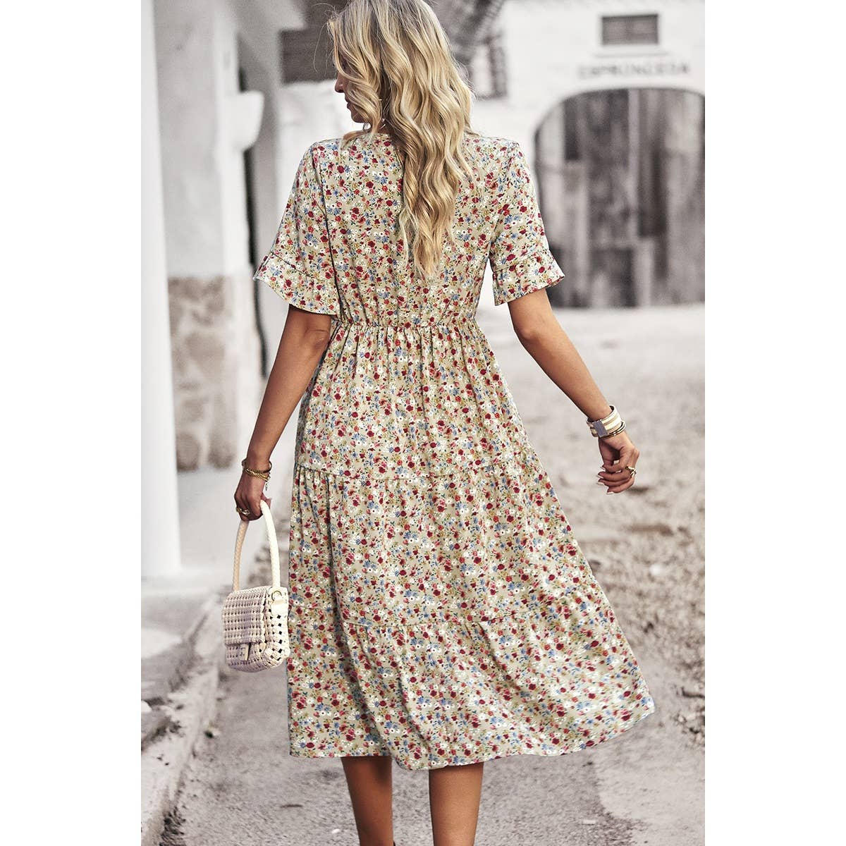 Boho Floral Ruffle Hem V Neck Short Sleeve Dress: BEIGE