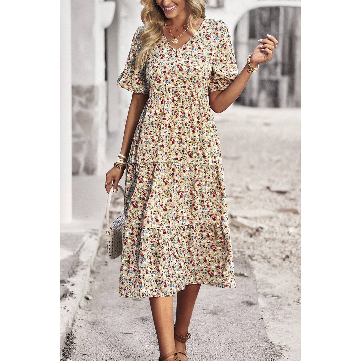 Boho Floral Ruffle Hem V Neck Short Sleeve Dress: BEIGE