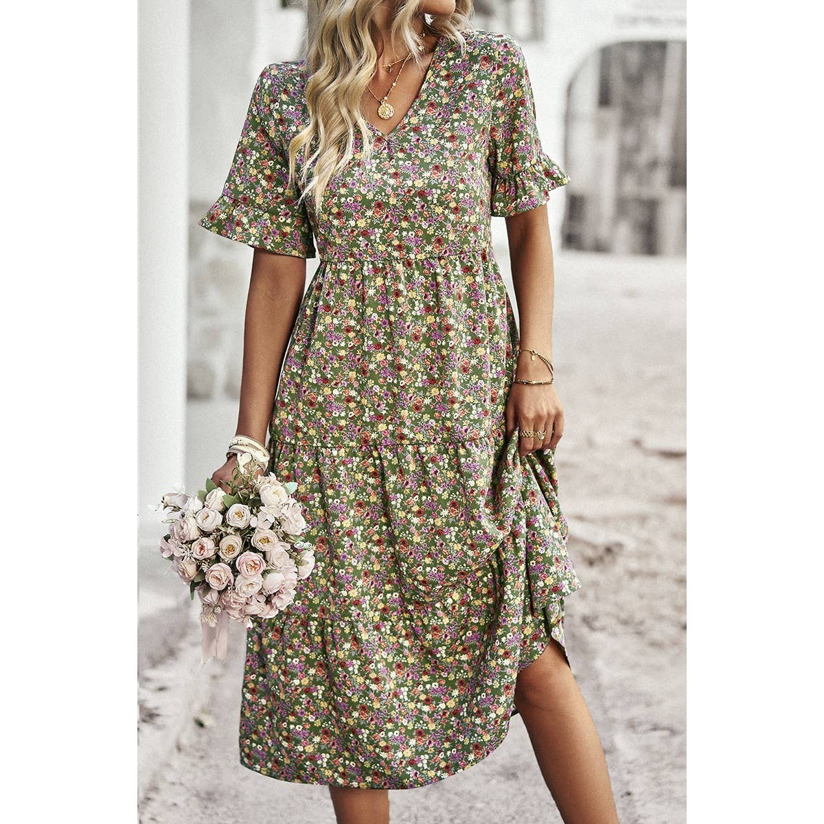 Boho Floral Ruffle Hem V Neck Short Sleeve Dress: BEIGE