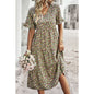 Boho Floral Ruffle Hem V Neck Short Sleeve Dress: BEIGE